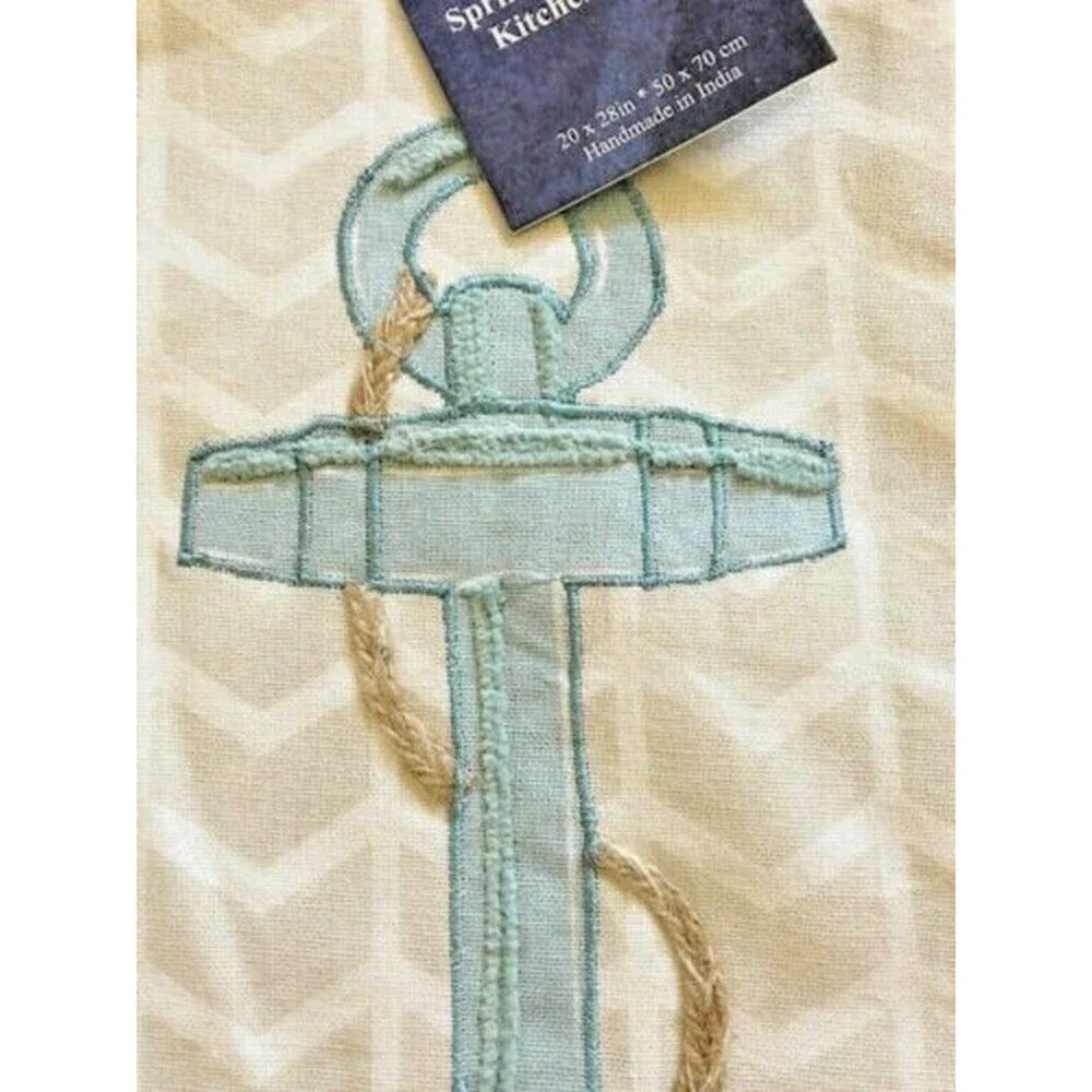 Nautical Kitchen Dish Towels Embroidered Decorative Anchors 100% Cotton Set of 2
